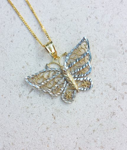 9ct Two Colour Gold Diamond Cut Butterfly Necklace