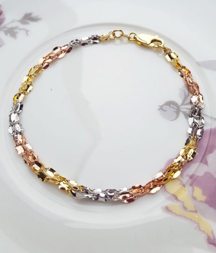 9ct Three Colour Gold Three Strand Twist Link Chain Bracelet