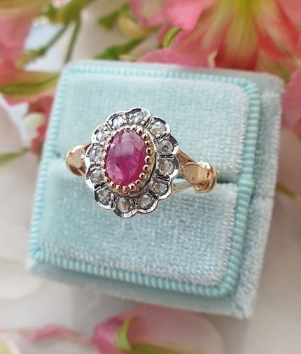 Vintage Inspired Floral Shaped 14ct Yellow Gold Ruby and Diamond Ring